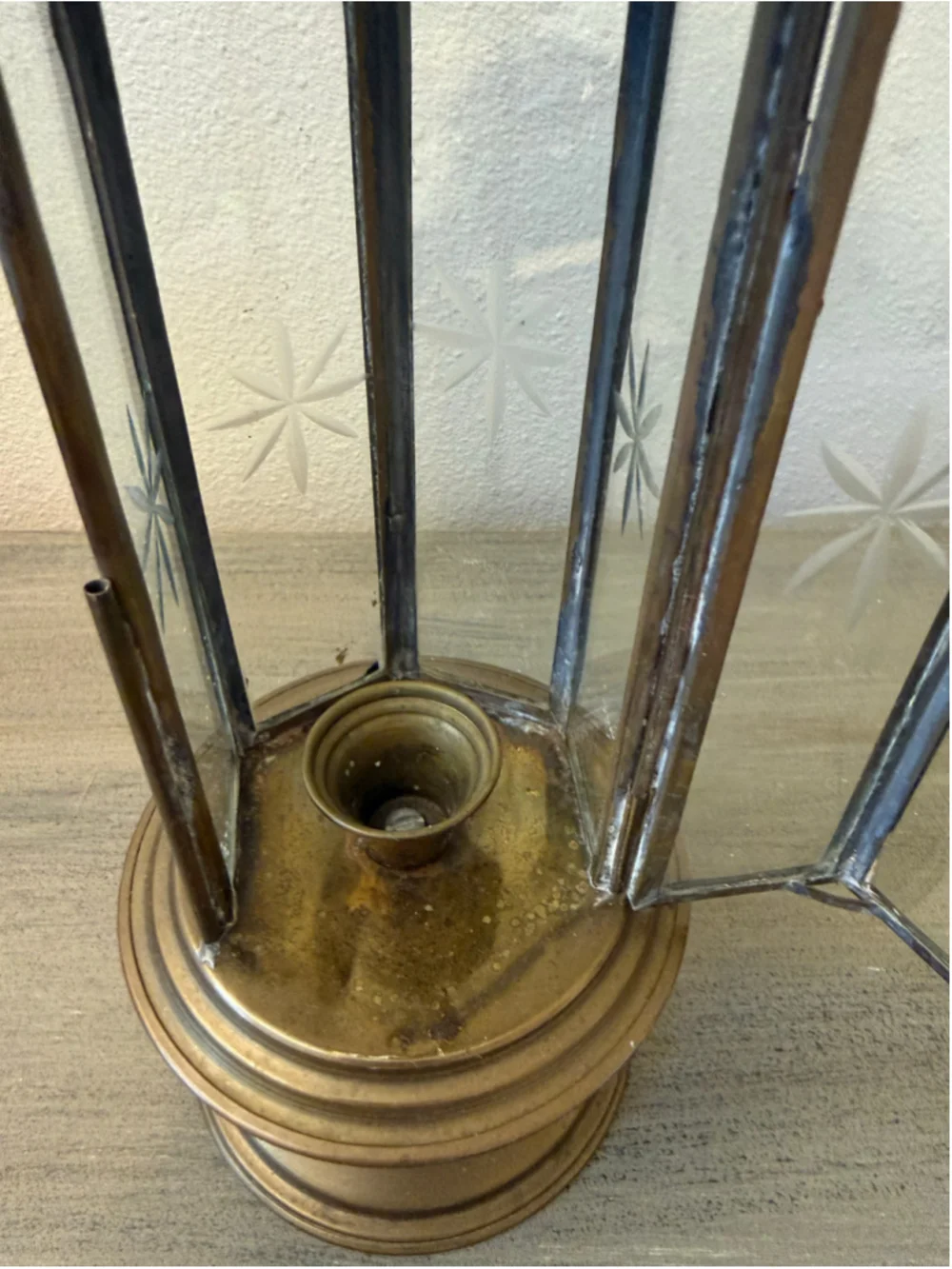 Vintage Brass French Wedding Procession Lantern Etched Starburst Glass Candle